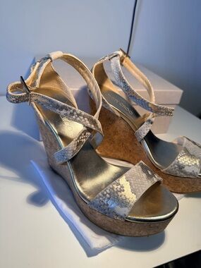 Jimmy Choo Gold and Cream Snakeskin Cork Wedge Sandals